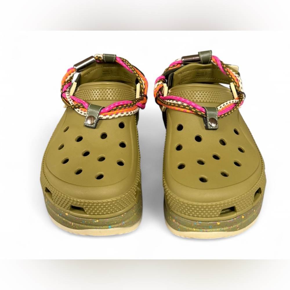 CROCS Olive Sandals with Pink and Tan Accents - Picture 2 of 4